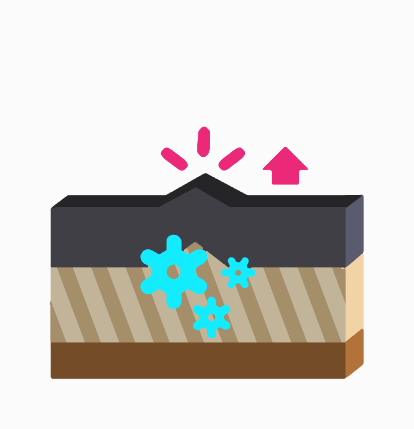 Water freezing and expanding under the asphalt